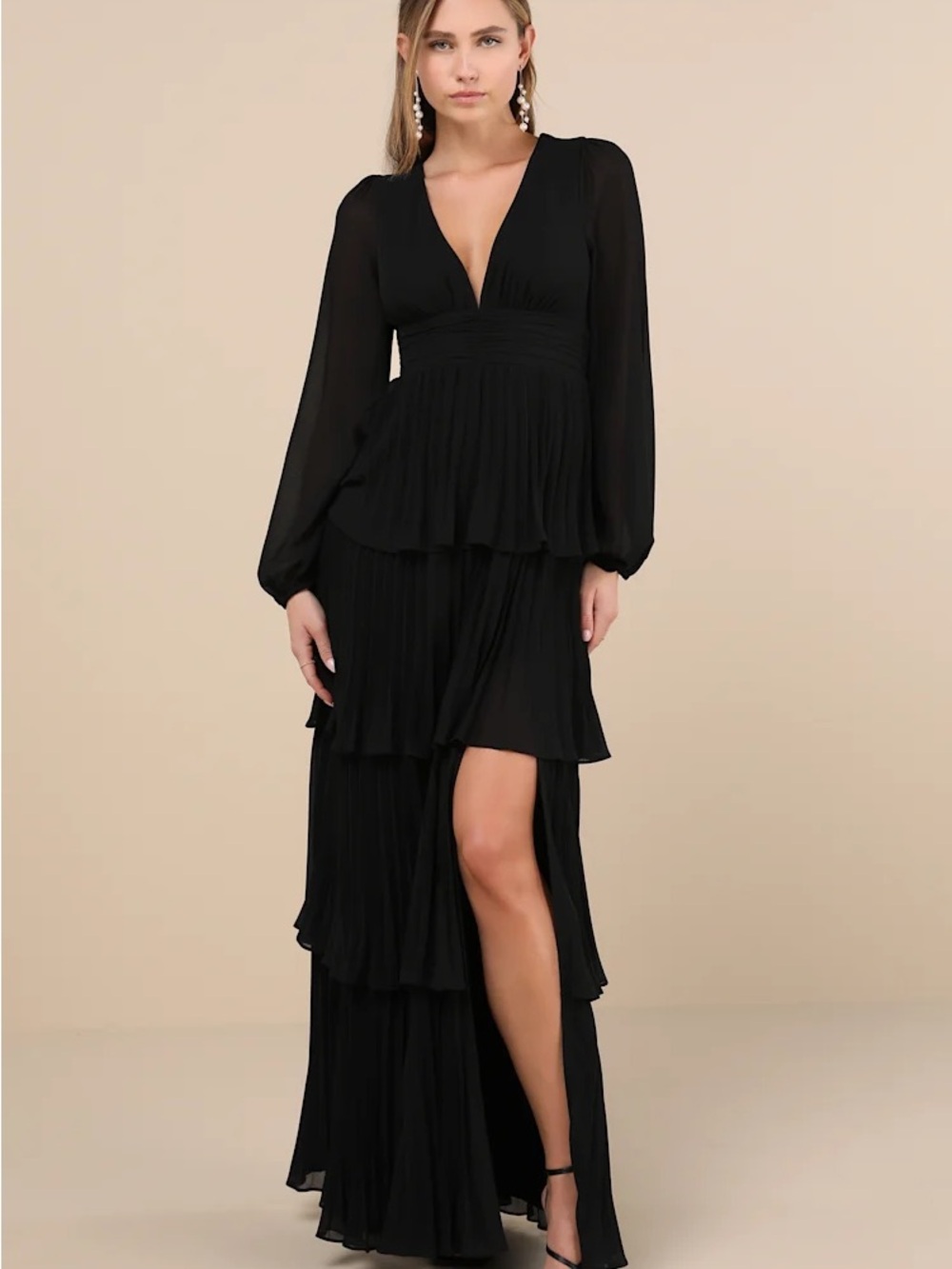 Lulu's Black Black Pleated Long Sleeve V-Neck Maxi Dress